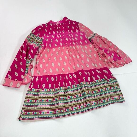 Velzera Tunic Top Womens Small Multicolor Geometric Bell Sleeve Pintuck Boho - Picture 5 of 8